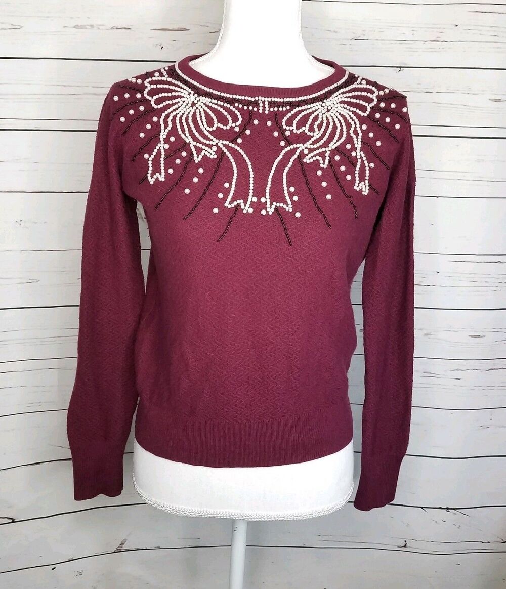 Anthropologie Field Flower Women's Size XS Maroon Long Sleeve Beaded Sweater